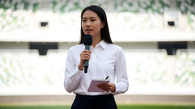 体育新闻记者在赛场边进行赛事采访与记录